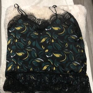 Halogen Black Lace Trim Top with Teal Leaf Design